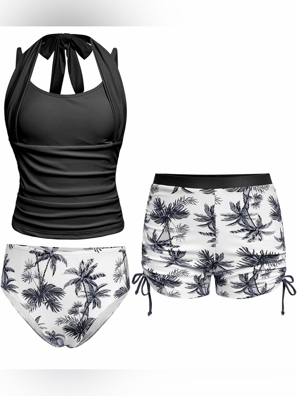 NWOT Girl’s Black Halter Tankini with White Palm-Print Bikini Bottoms and Shorts